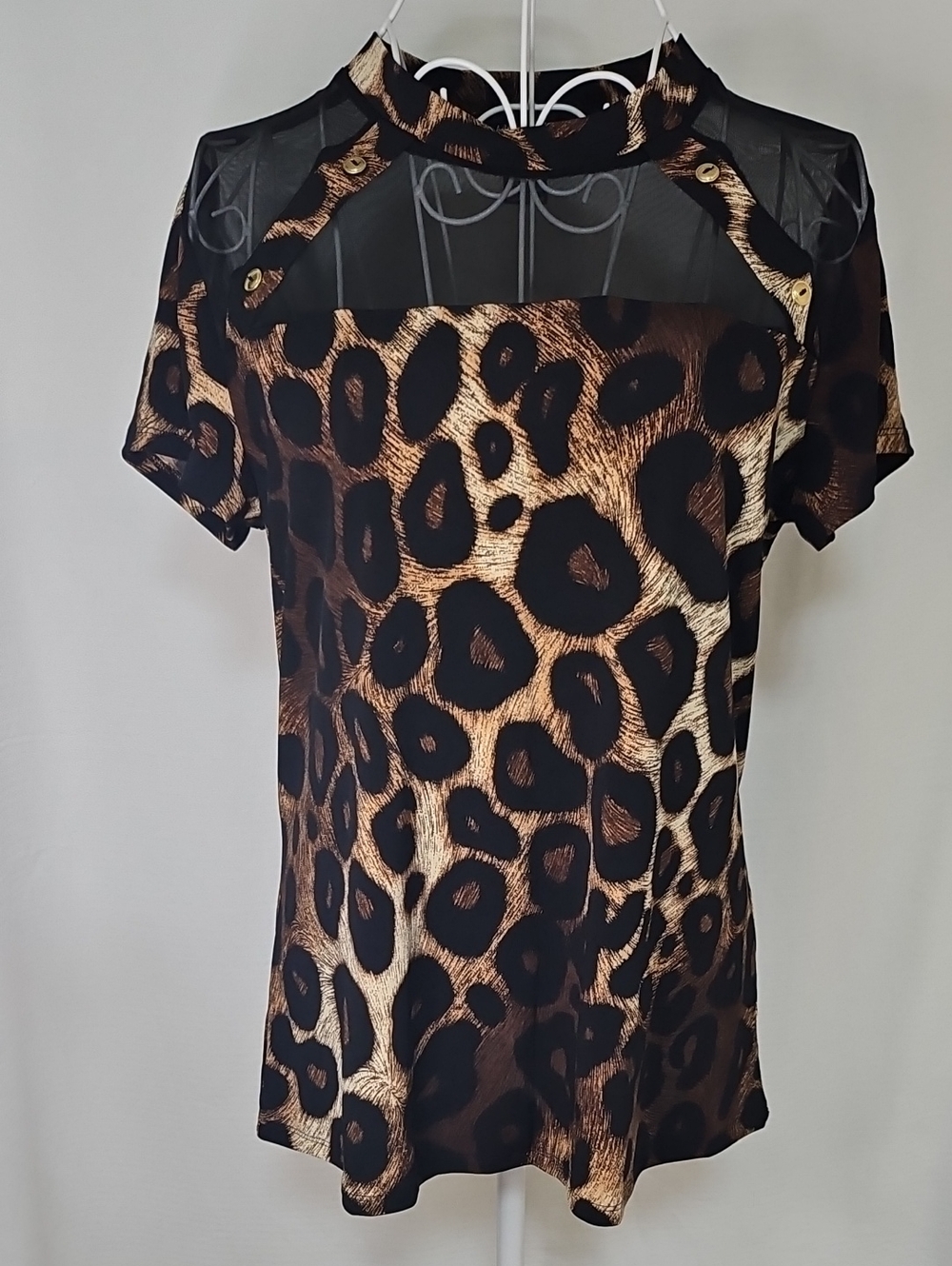 Leopard Print Short Sleeve Blouse with Sheer Yoke - Brown/Black